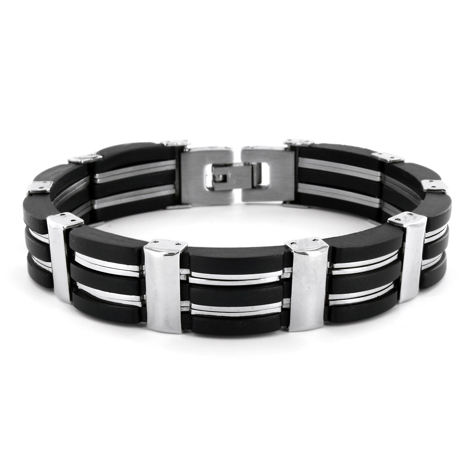 B047003 - Men's Stainless Steel and Black Rubber Bracelet