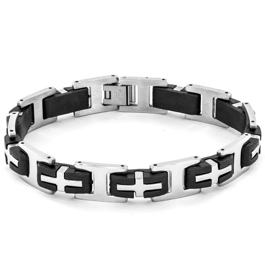 B047016 - Men's Stainless Steel and Rubber Cross Link Bracelet