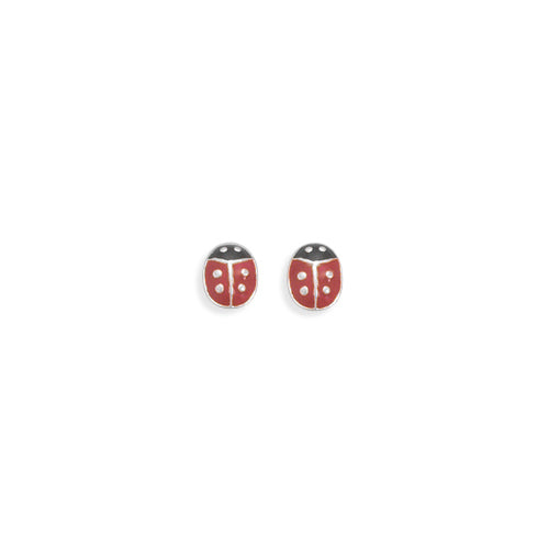 E005348 - Sterling Silver Lady Bug Post Earrings with Red and Black Enamel