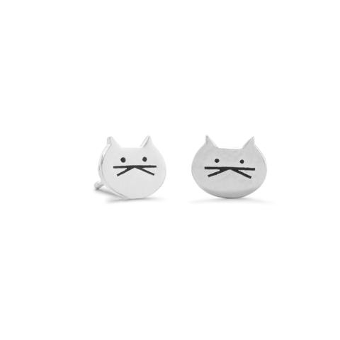 E005389^ - Sterling Silver Cat Face Post Earrings