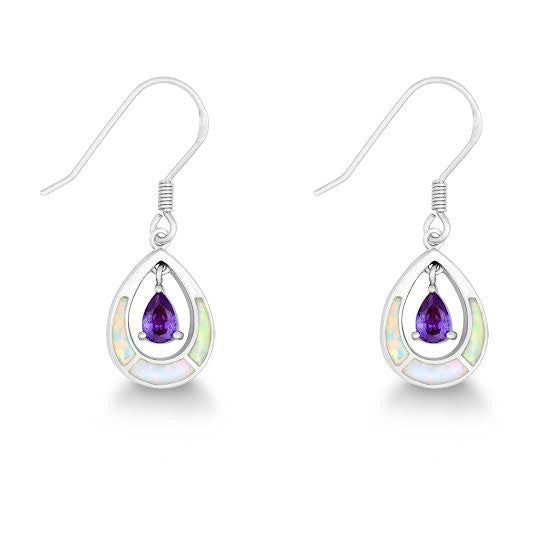 E028050 - White Opal and Amethyst Cubic Zirconia Tear Drop French Wire Earrings