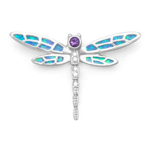 N005299^ - Sterling Silver, Synthetic Opal and CZ Dragonfly Necklace