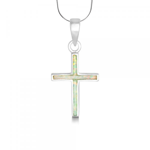 N028055 - White Opal and Sterling Silver Cross Necklace
