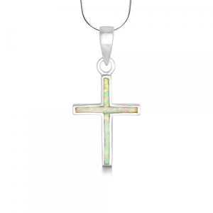 N028055 - White Opal and Sterling Silver Cross Necklace