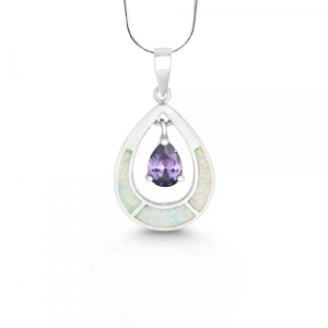 N028072 - White Opal and Amethyst Cubic Zirconia Tear Drop Necklace