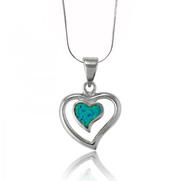 N028075 - Inlay Blue Opal and Sterling Silver Heart Necklace