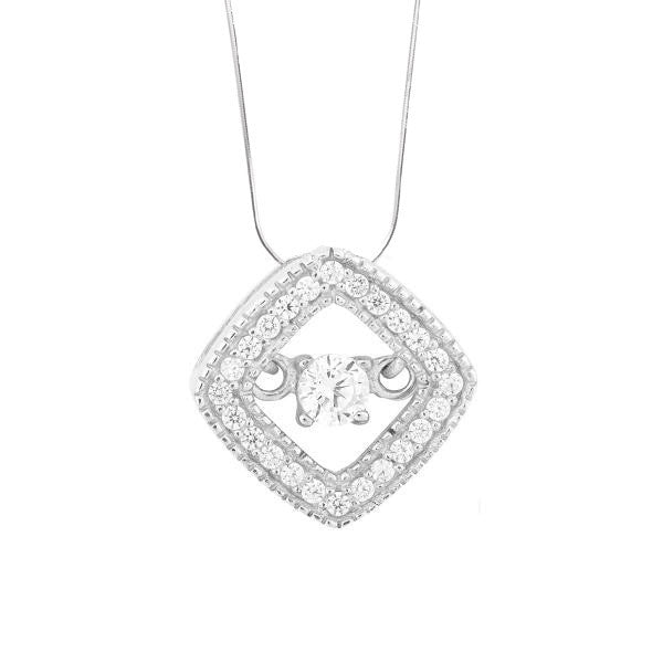 N028098 - Sterling Silver and Cubic Zirconia Diamond Shape Halo Necklace with 'Dancing' Cubic Zirconia Center