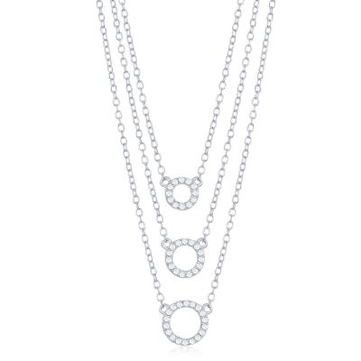N028125 - Sterling Silver Triple Chain Open Cubic Zirconia Circles Necklace