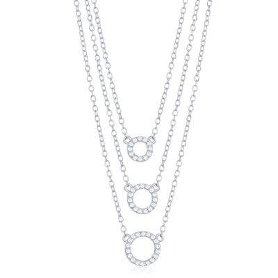 N028125 - Sterling Silver Triple Chain Open Cubic Zirconia Circles Necklace