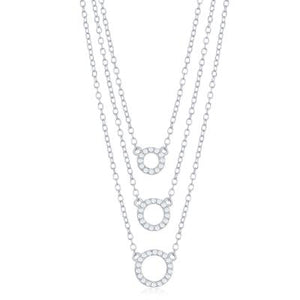 N028125 - Sterling Silver Triple Chain Open Cubic Zirconia Circles Necklace