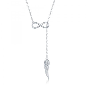 N028150 - Sterling Silver Infinity with Hanging Angel Wing Lariat Necklace