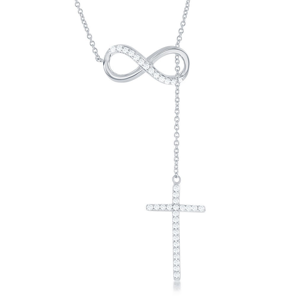 N028193^ - Sterling Silver and CZ Infinity with Hanging Cross Lariat Necklace