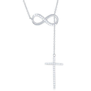 N028193^ - Sterling Silver and CZ Infinity with Hanging Cross Lariat Necklace