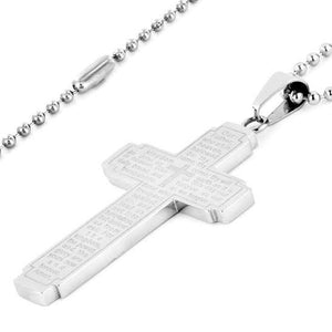 N047005 - Polished Stainless Steel Lord's Prayer Cross Necklace, 24"