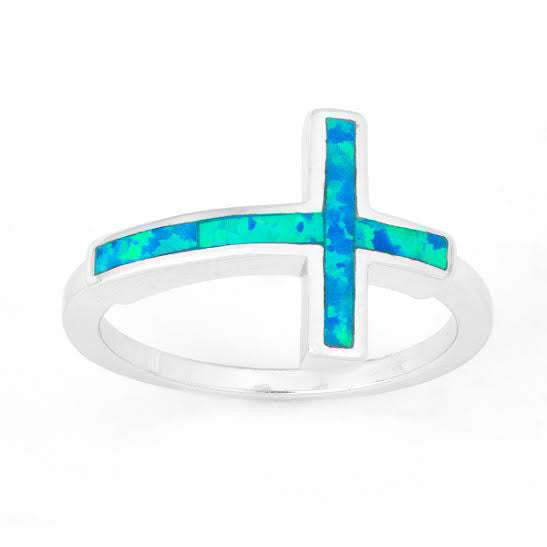 R028022 - Sterling Silver and Inlay Blue Opal Cross Ring