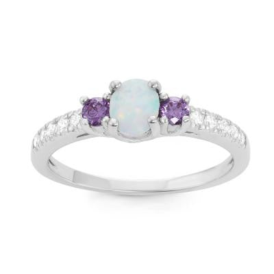 R028041 - Oval White Opal Ring with Amethyst and CZ Accents