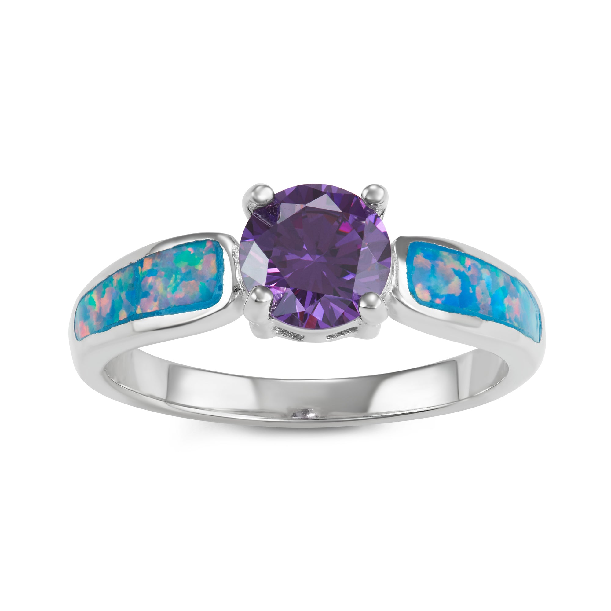 R028046 - Sterling Silver, Blue Green Fire Inlay Opal and Amethyst Cubic Zirconia Ring