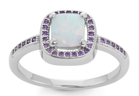R028063 - Sterling Silver Square White Inlay Opal with Amethyst Micro Pave CZ Border Ring